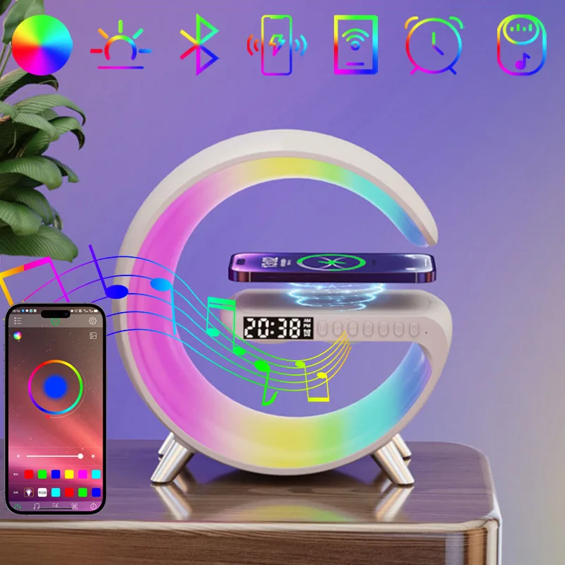

Night light Wireless Charger With Alarm Clock RGB Light 5 in 1 Portable Wireless Speaker Smart Bedside Table Lamp App Control
