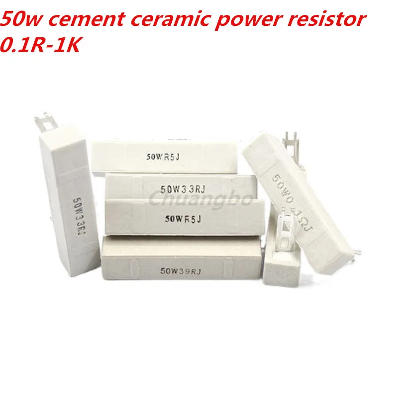 Resistencia de alta potencia de cemento cerámico, 50W, 0,1 ~ 1K, 0,2, 0.22R, 0,5, 1, 1,5, 2, 2,5, 3, 4, 5, 6, 8, 10, 15, 20, 25, 50, 100, 200, 250, 300, 390, 500 Ohm