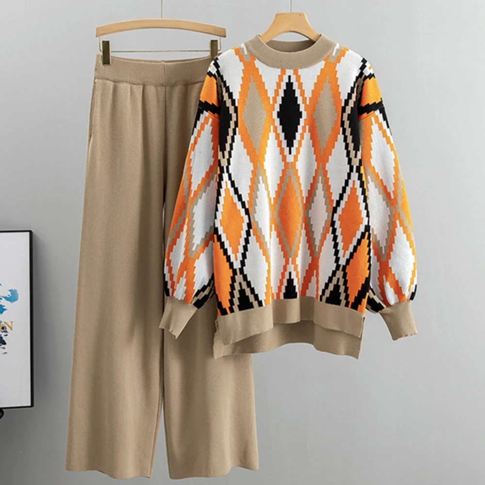 

Two Piece Set Korea Autumn Winter Knitted Women Loose Tracksuit Suit Wide Leg Pants Knitwear Women's Pullover Sweater Outfit