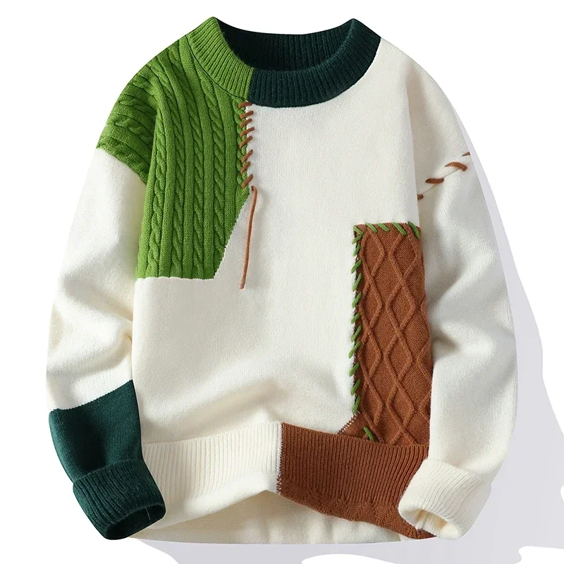 2024 New Male Patchwork Sweater Trend High Street Fashion Autumn and Winter Warm Mens Hip-hop Street Clothing Men pullover shirt 3