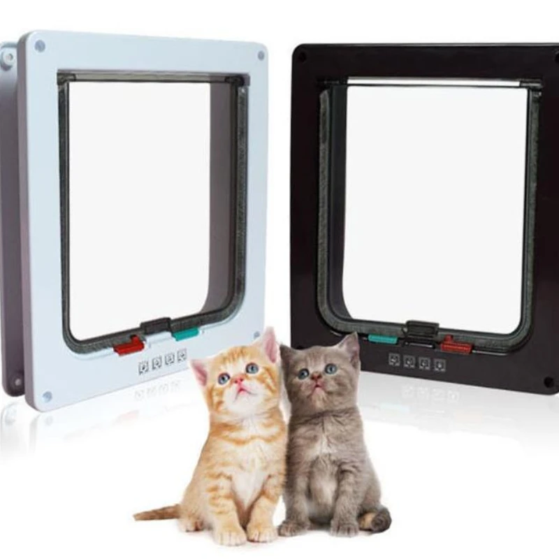 Smart Pet Door 4 Way Locking Security Lock ABS Plastic Dog Cat Flap Door Controllable Switch Direction Doors Small Pet Supplies cat door pet door