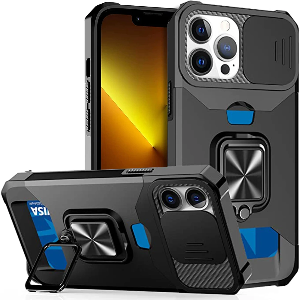 thumbnail image 1 of Case For iPhone 14 13 12 11 Pro Max XS XR 8 7 Plus Slide Camera Card Holder Slot Duty Wallet Protective With Ring Stand Cover, 1 of 5