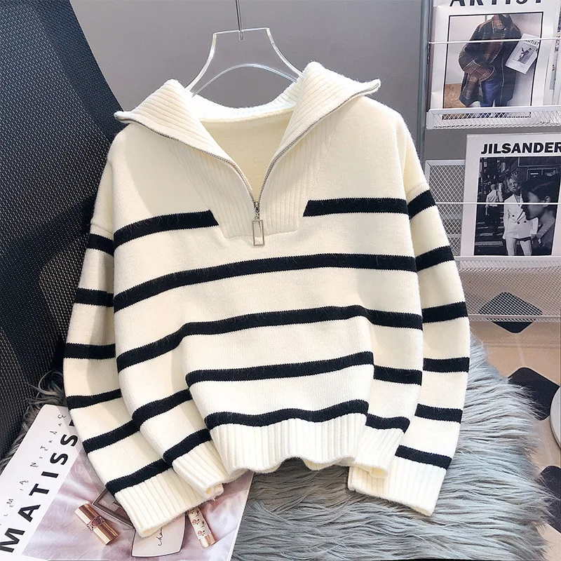 2025 Winter Warm Stripe Women Sweater Atumn Long Sleeve Loose Knitted Top Fashion Elegant Casual Knitwear Zipper Pullover