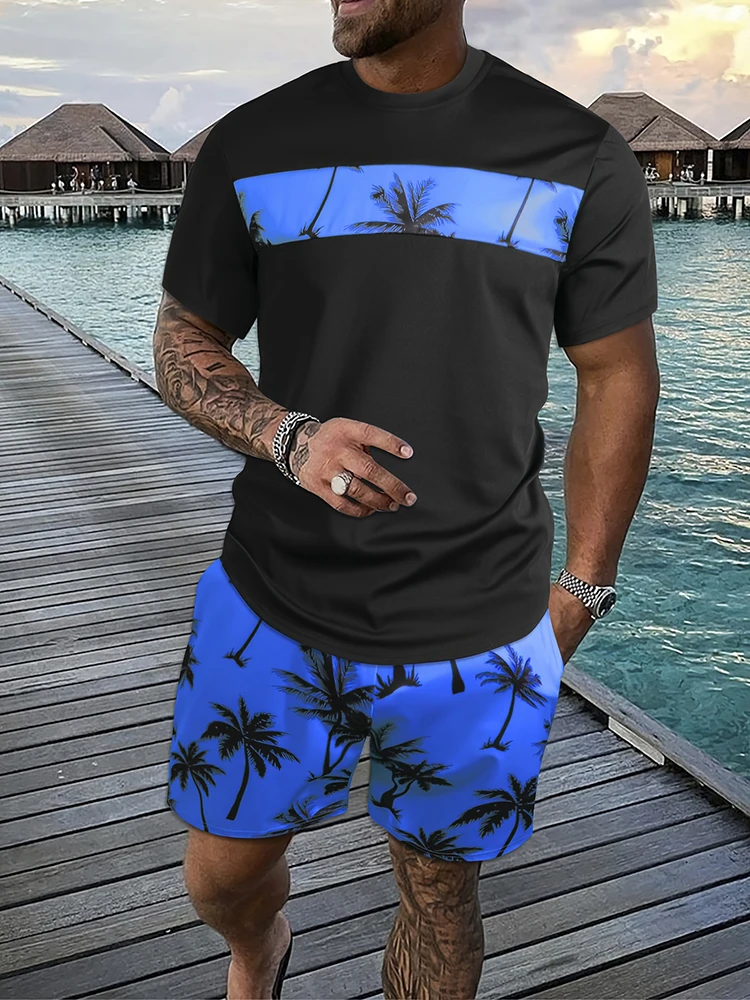 thumbnail image 1 of Conjunto de camiseta y pantalones cortos de manga corta con estampado 3D de oración y huella de mano para hombre, estilo informal de verano para exteriores, 1 of 5