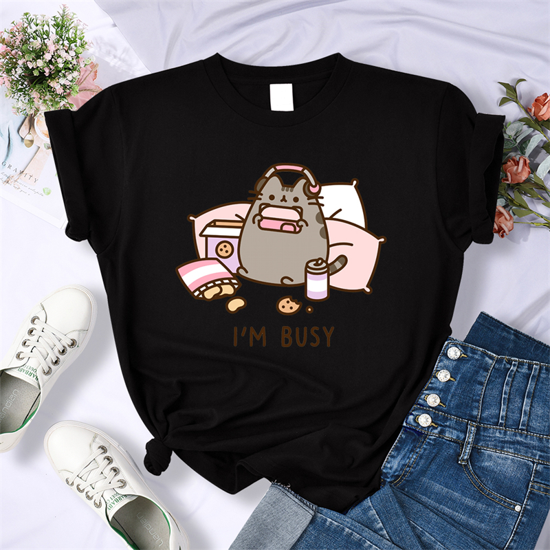  Sorry I'm Busy Cat Playing Games With Headphones T Shirt Female New Oversized T-shirts New Street Tops Hot Sale Summer Women Tee 