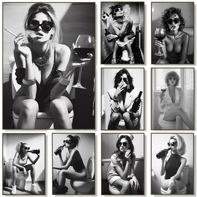 Black and White Sexy Woman Sitting on Toilet Drinking Wine Poster Canvas Painting Retro Wall Art Funny Bathroom Club Home Decor