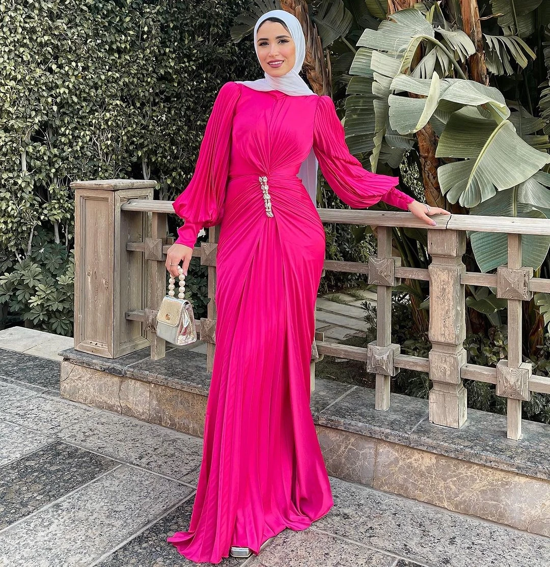 

Lovestory Arabia Women Wear Evening Dresses Crystal Sash Long Sleeves Prom Dress Zipper Back Formal Occasion Vestidos De Noche