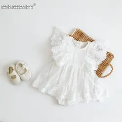 Newborn Baby Girls Summer Short Sleeve Lace Embroidery Outfits Infant Kids Princess Cotton Jumpsuits Ruched Bodysuits
