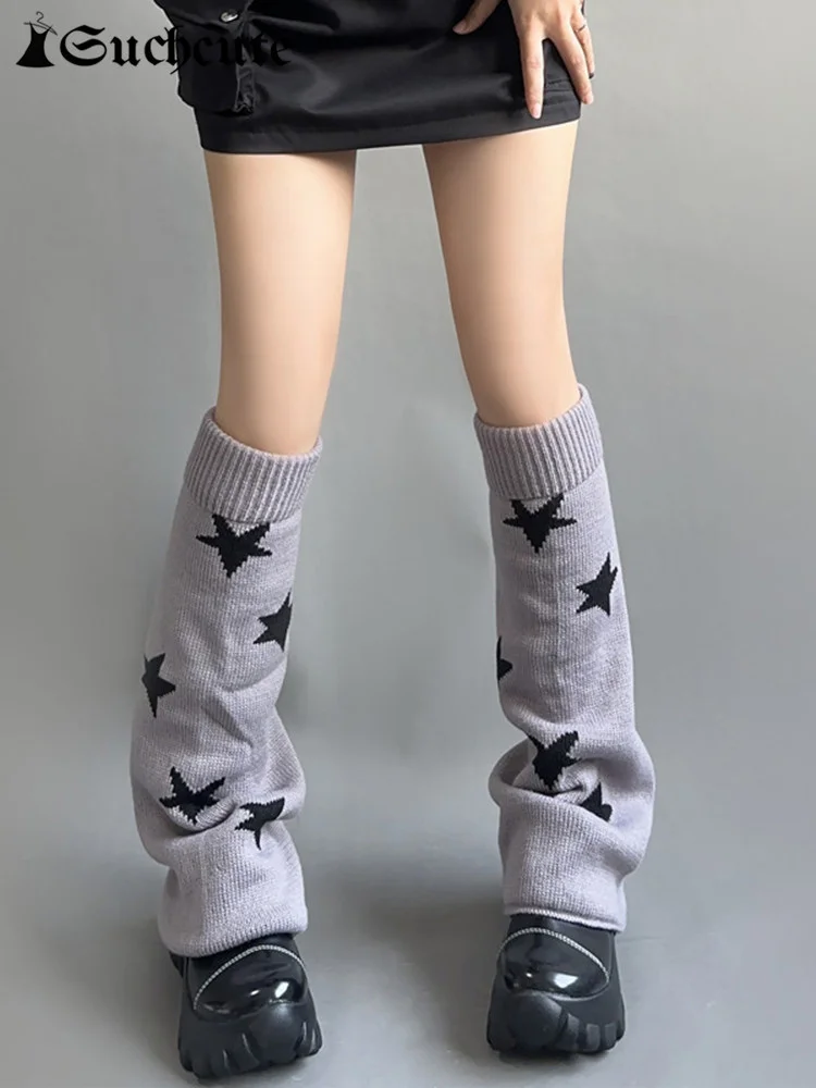 

Y2K Star Print Women Trouser Leg Vintage Reversible Dark Academic Stripe Leg Sock Knitted Boot Cuffs Leg Kwaii Japanese