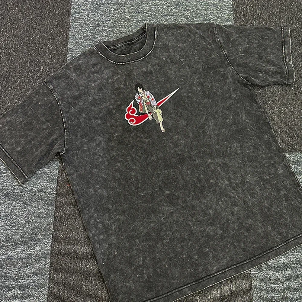 Men Streetwear Tshirt Japanese Naruto Anime Graphic T-Shirt Cotton Harajuku Washed T Shirt Summer Hip Hop Tops Tees Black