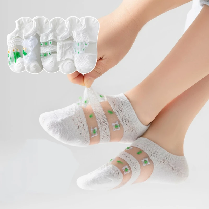 여아 여름 통기성 짧은 발목 양말, 부드러운 코튼 공주 메쉬 양말, 3-12 세 어린이 양말, 5 켤레/로트