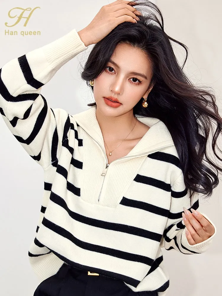 

Женский свободный кардиган H Han Queen, повседневный мягкий утепленный полосатый свитер в Корейском стиле на молнии, весна 2024