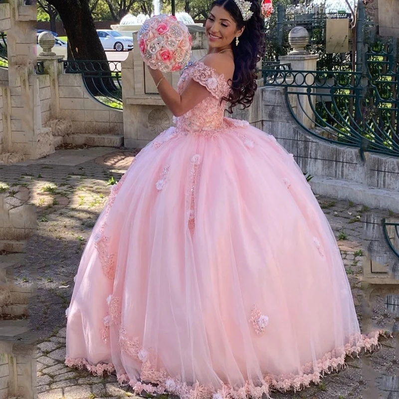 

Pink Sleeveless Quinceanera Dresses 15 Party Fashion Sweetheart 3D Flower Applique Tulle Princess Cinderella Birthday Gowns
