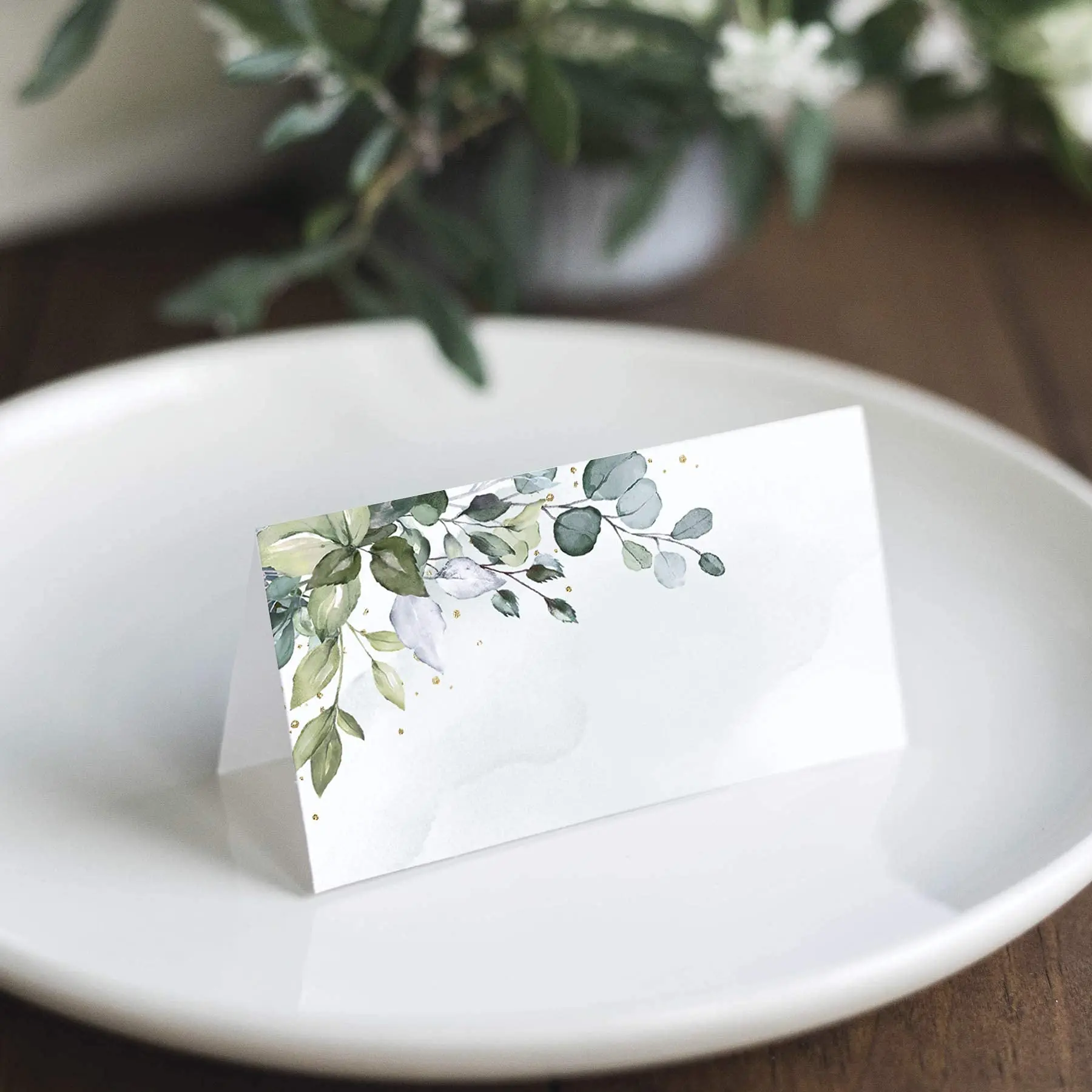 Green Leaf Watercolor Wedding or Party Place Cards Table Seating Cards Score-Engraved Easy Folding 2 x 3.5 Inch Pack of 50 place cards