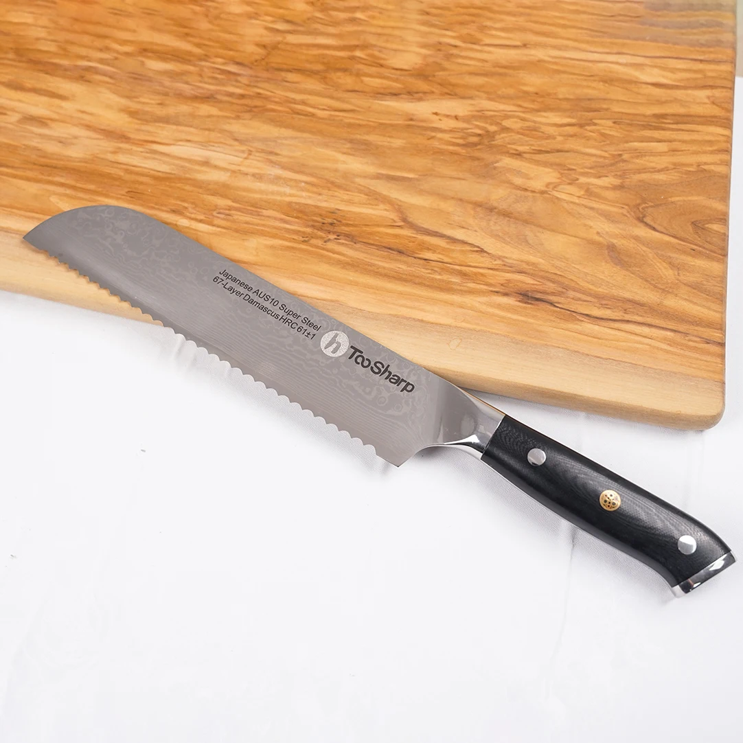 

8 Inch Bread Knife AUS10 Super Damascus Steel Serrated Blade Frozen Food Meat Blade Cake Serving Sharp Kitchen Knives G10 Handle