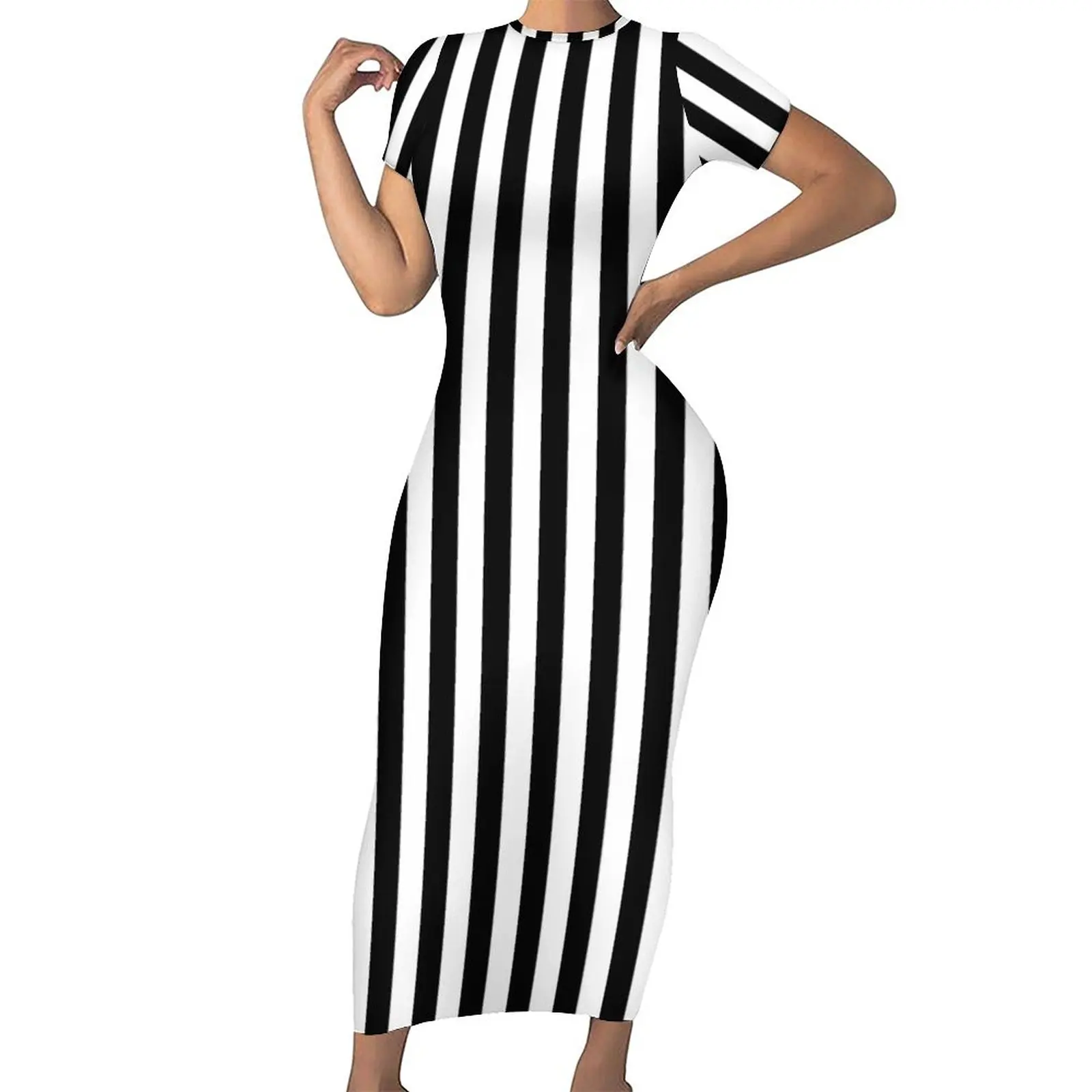 Vestido de rayas blancas y negras, manga corta, estampado de líneas  verticales, maxivestido moderno, diseño de moda urbana para vacaciones _ -  AliExpress Mobile