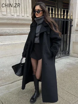 Cappotti lunghi di lana da donna eleganti Risvolto allentato Tasca doppio petto Cappotti femminili 2025 Autunno Inverno Lady Capispalla caldo 1