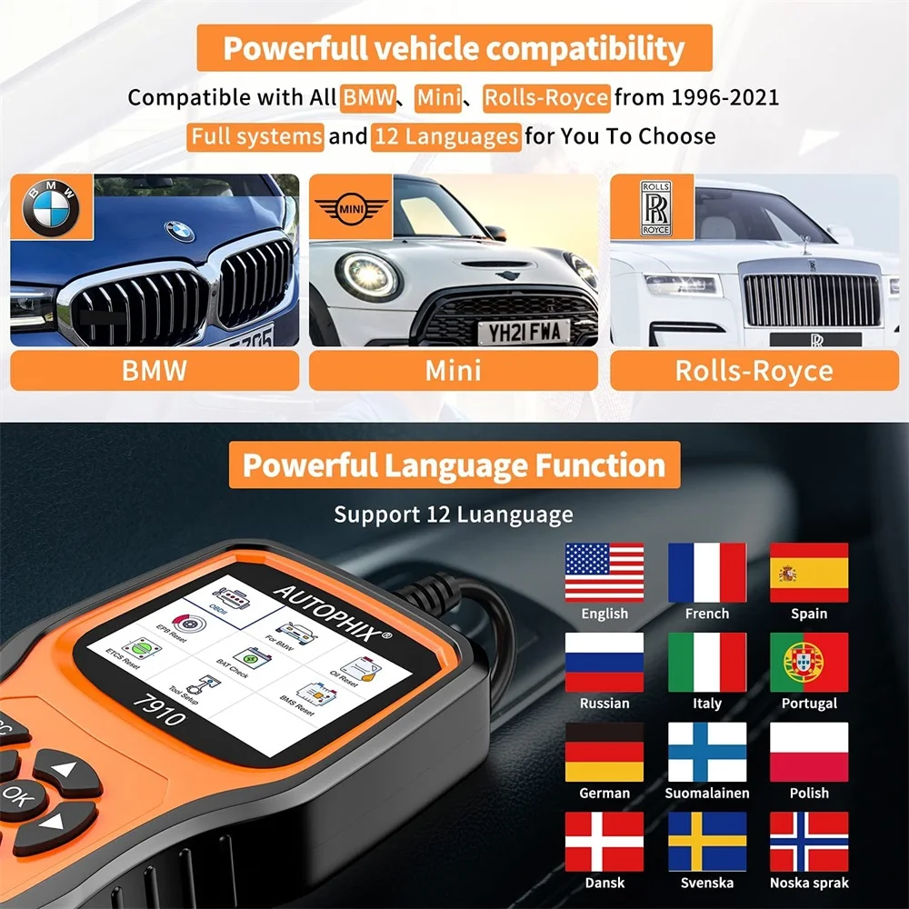 Autophix 7910 OBD2 Diagnostic Tool For BMW For Rolls Royce for Mini Oil Airbag Battery Reset Car OBD 2 Scanner All System 6