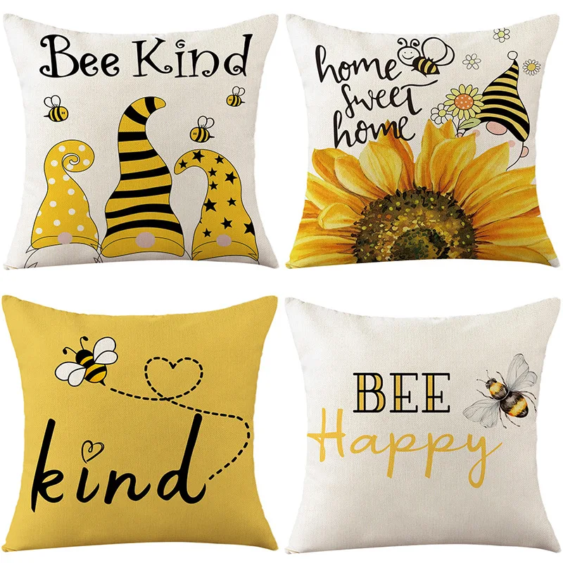

Summer Sunflower Bee Pillowcase Cotton Linen Home Bed Sofa Yellow Pillow Covers Decorative Room Aesthetics 45x45 Cm Pillows Case