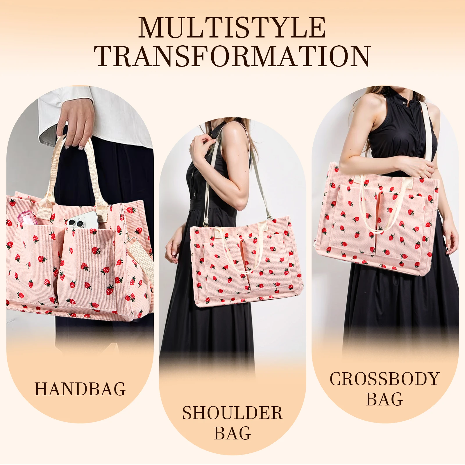 Tote Bag Cute Strawberry Patched Purse for Women Fabric Large Capacity Tote Purse Enduring Tote Bag with Adjustable Shoulder 3