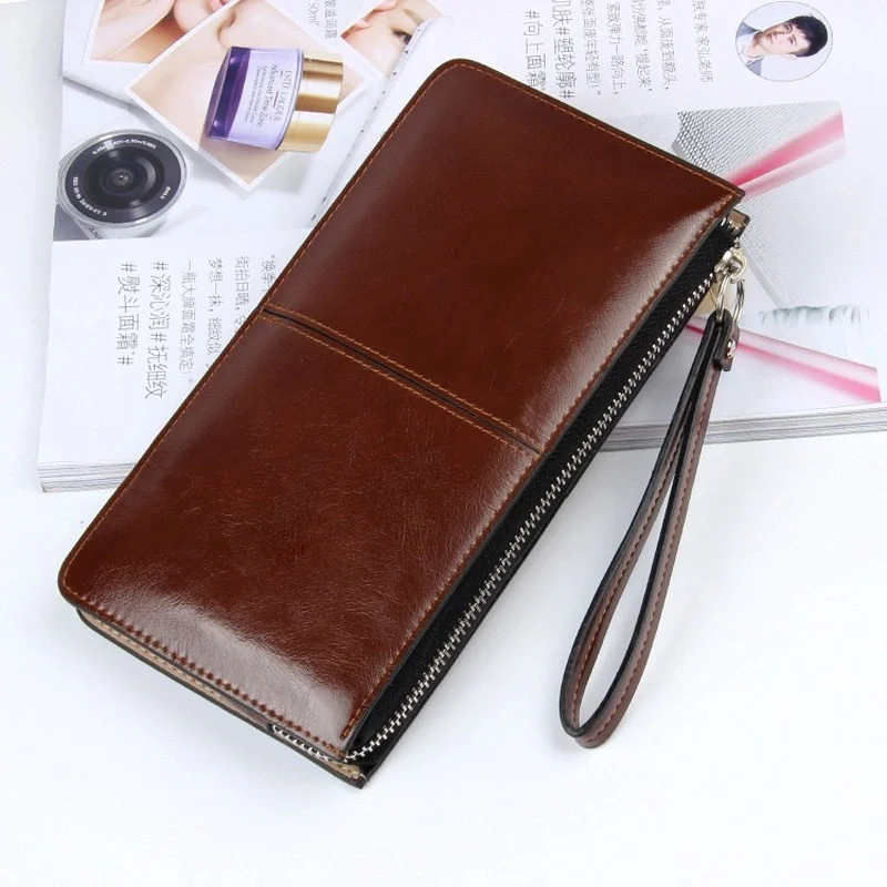 Vintage Öl Wachs Leder Zipper Kupplung Brieftasche Weibliche Große Kapazität Geldbörse Damen Armband Einfache Karte Halter frauen Brieftasche – Detail 2