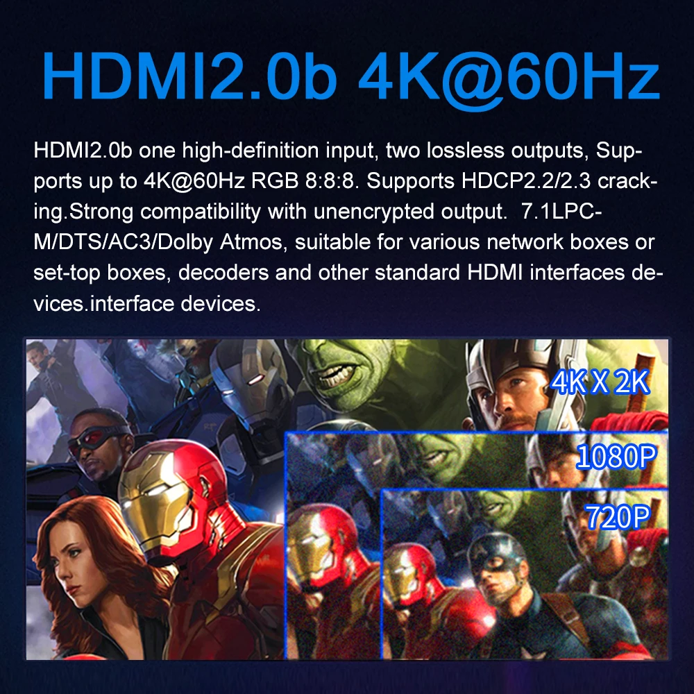 Hdmi 2.0b 1x2 й 4K @ 60HZ UHD 1 In 2 Out, HDMI ȣȯ   HDCP Crack 7.1CH Dolby Atmos PS TV ڽ