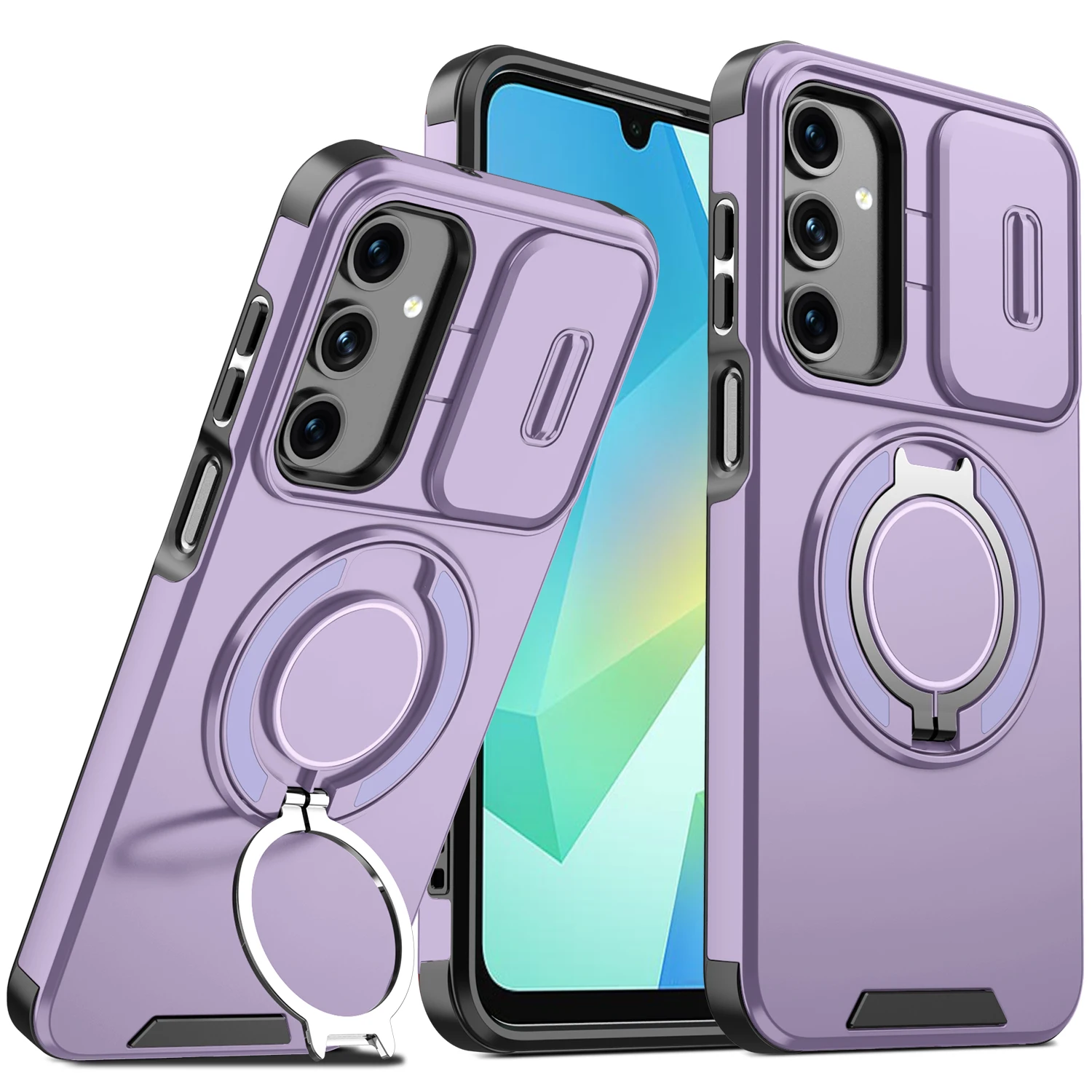 Enhanced Magnetic Ring Bracket Case with Slide Lens Protector and Armor Design