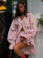 Oymimi Elegant Pink Cotton Sets For Women 2 Pieces Fashion Pockets Long Sleeve Lace-Up Shirts And High Waist Ruffled Shorts Sets - Image 2