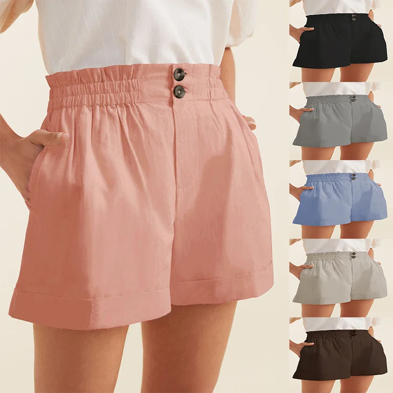 

2023 Spring/Summer New European and American Women's Shorts Vintage Solid Elastic Button Zipper with Pocket Casual Shorts