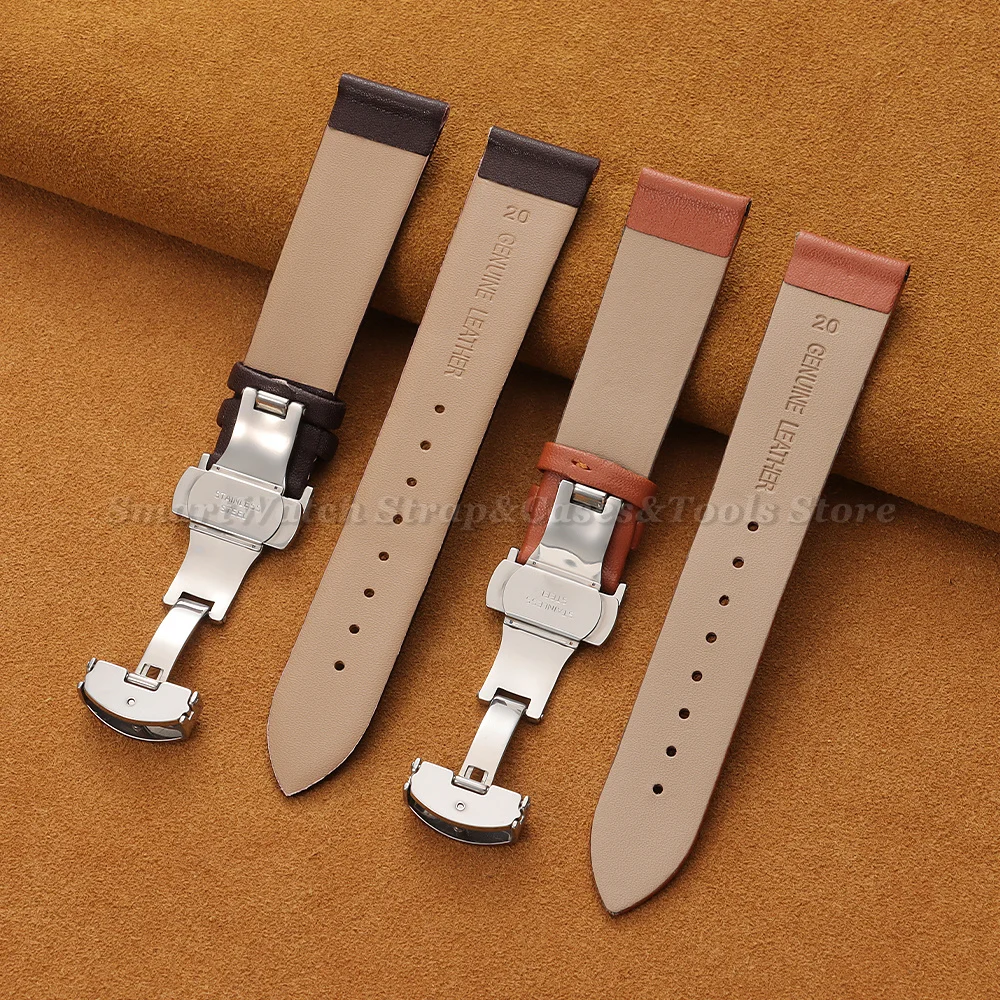 Premium Ultra-Thin Genuine Leather Watch Strap with Soft Cowhide Band and Butterfly Clasp