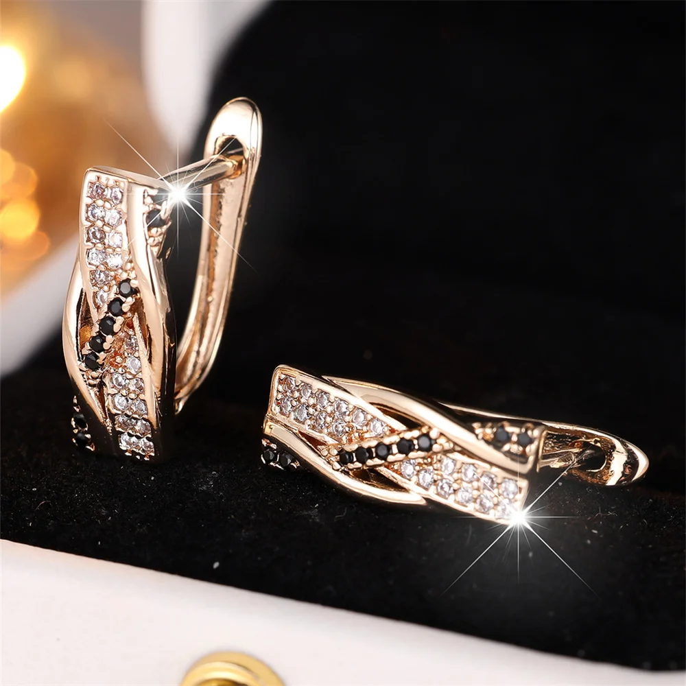Retro Black Stone White Zircon Small Hoop Earrings For Women Vintage Gold Color Ear Buckle Wedding Jewelry Engagement Party Gift