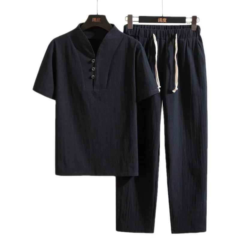 Summer Cotton and Linen Casual Suit V-neck Short-sleeved T-shirt Elastic Waist Tie Trousers Solid Color Two-piece Set