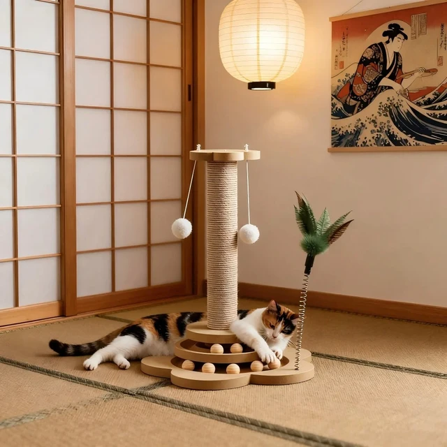 1 Set Durable Solid Wood Cat Scratching Post with Toys, Sisal Board & Interactive Turntable, Prevents Furniture Damage 3