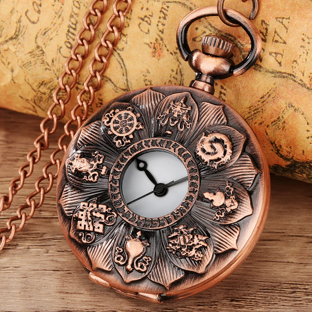 Reloj de bolsillo de cuarzo con patrón de loto para hombre y mujer, pulsera con colgante de cadena, Estilo Vintage, oro rosa, antiguo, Steampunk