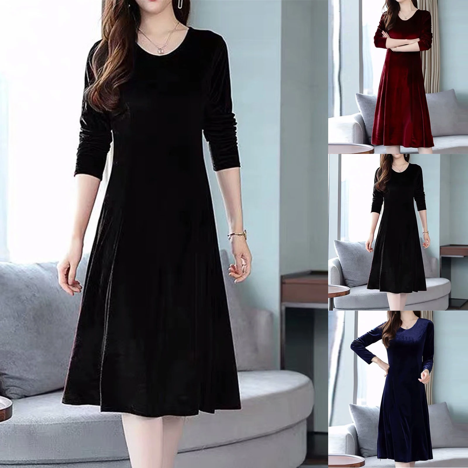 

Winter Women Neck Velvet Long Sleeve Slim High Waist Midi Dress Cocktail Dress