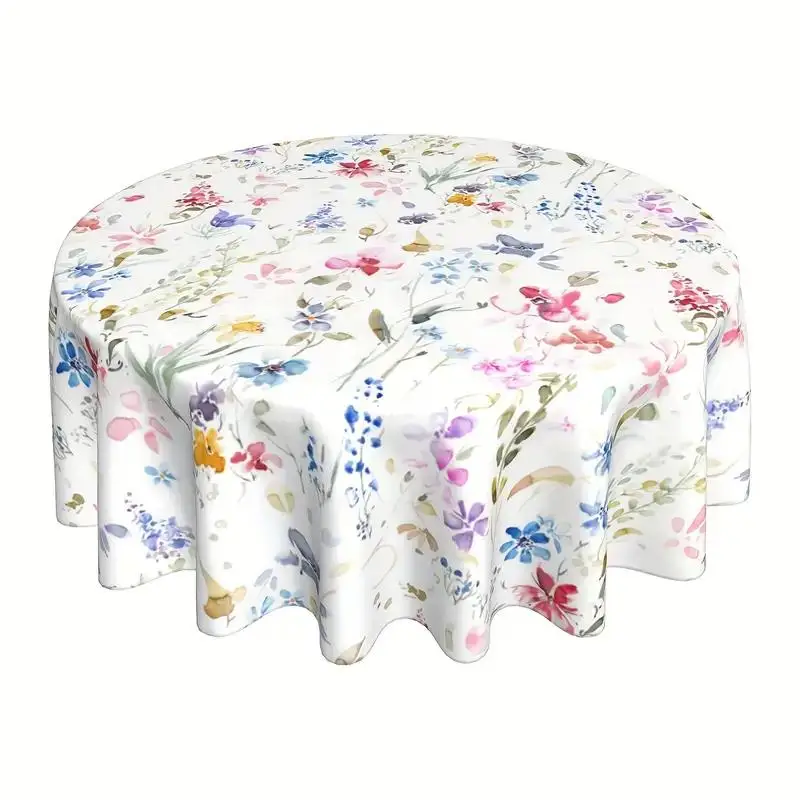 1pc Spring Floral Pattern Round Tablecloth 60 Inch Watercolor Flowers Tablecloths For Easter Farmhouse Decorations Picnic Kitche