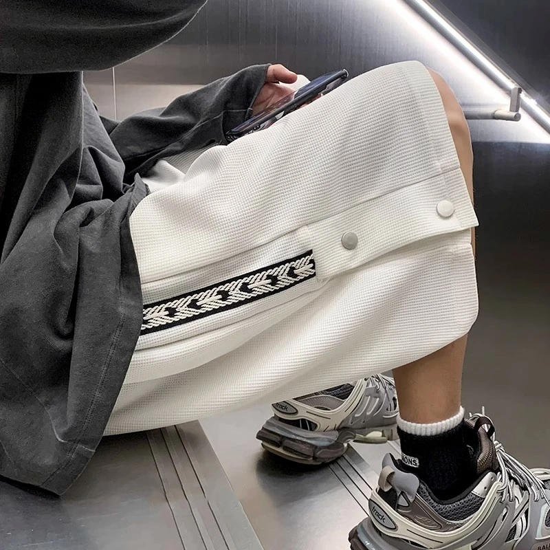 Men's Pants Shorts Waffle Summer Thin Tide Casual Knee Length Large Size Loose Straight Webbing Buttons Sweatpant Shorts for Men