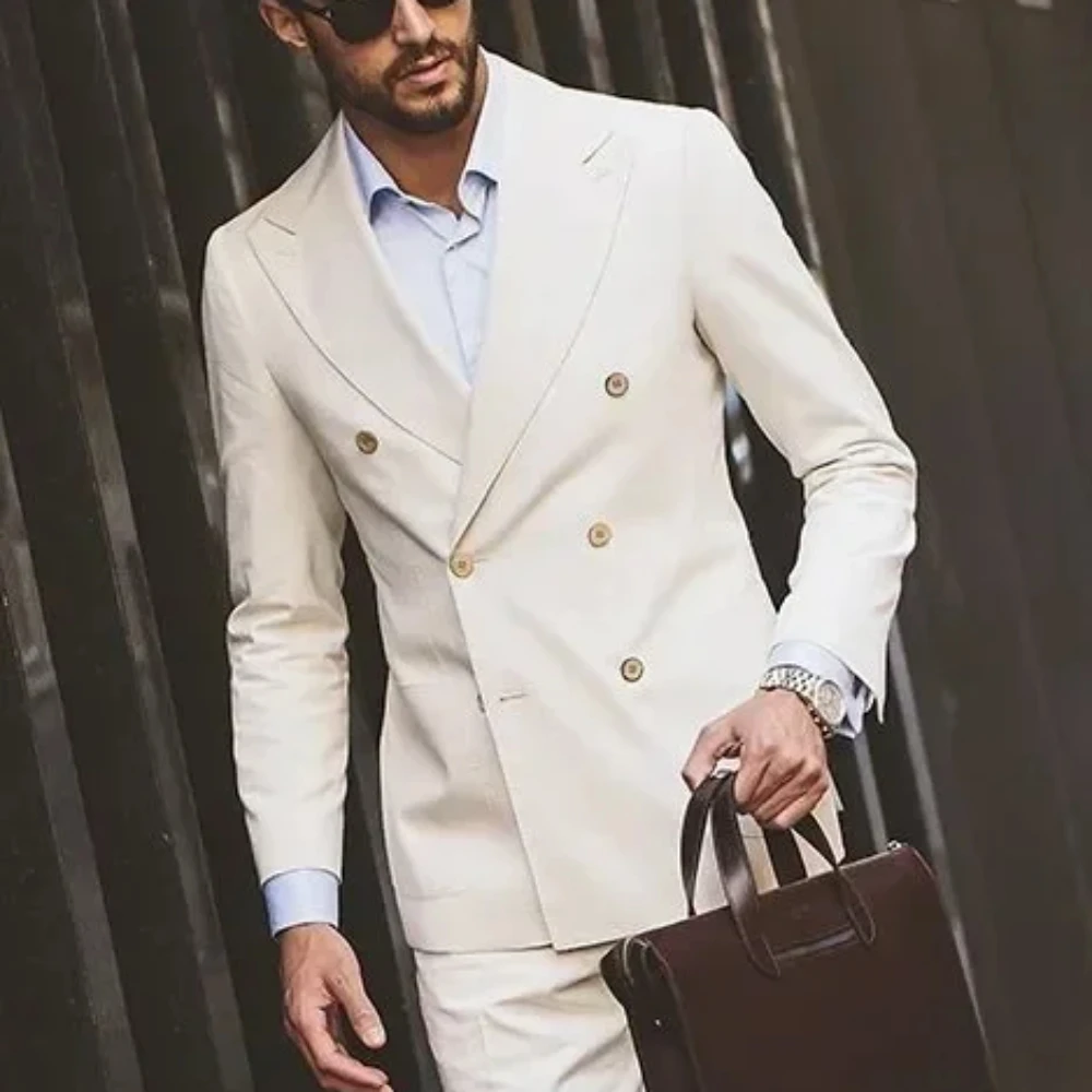 

Элегантный бежевый двубортный мужской костюм, приталенный Блейзер в стиле смарт-кэжуал, мужской деловой костюм высокого качества, индивидуальный мужской костюм из 2 предметов