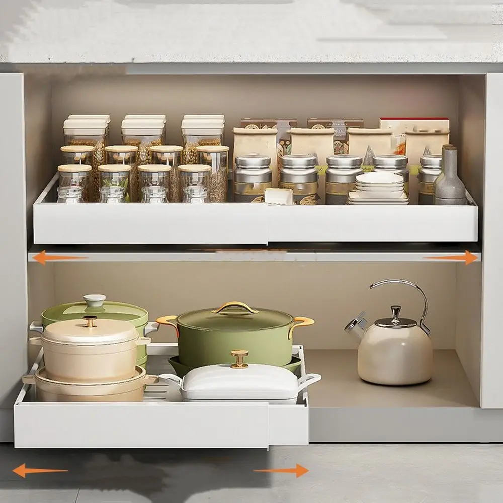 Multifunctional Retractable Cabinet Basket Metal Extendable Non-perforated Pull Out Shelf Adjustable Width Drawer Type