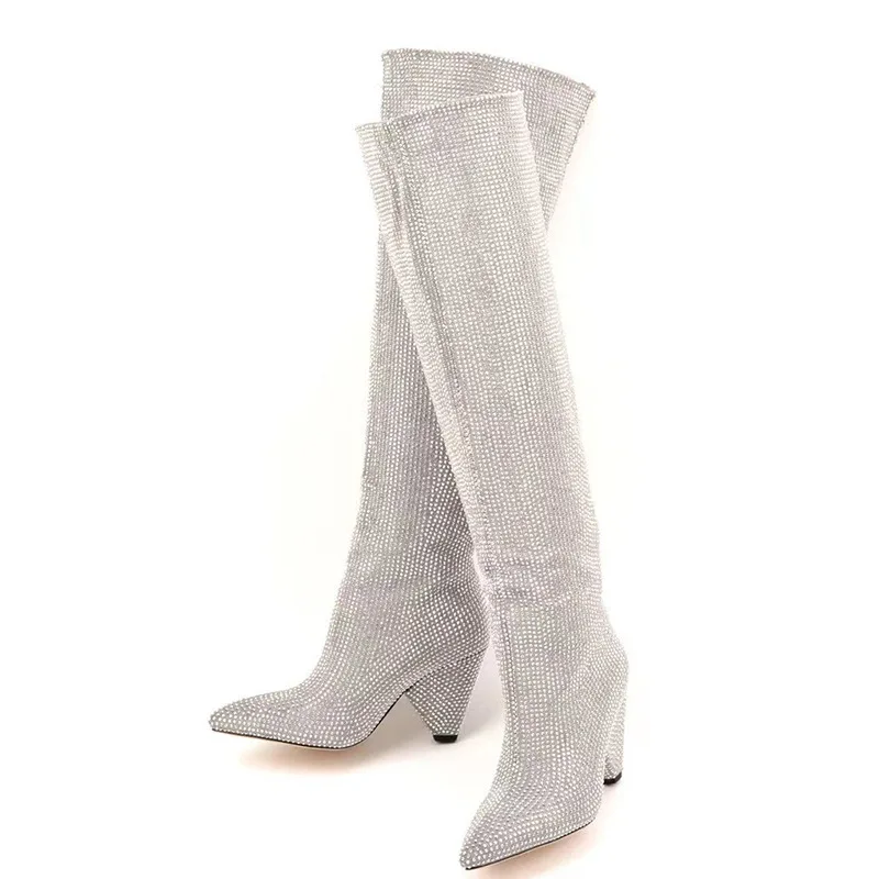 

Pointed Toe Tapered Heel Wedge Knee-High Boots Slip-On Simple Straight Botas Femininas Gypsophila Rhinestone Large Size Botines