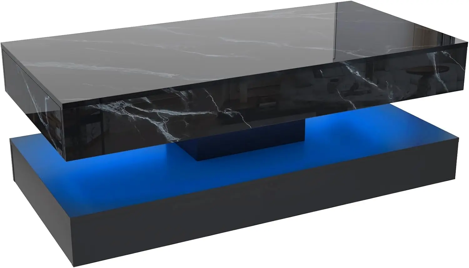 High-Glossy LED Coffee Table with Sliding Drawers, Living Room Storage Tables with Marbling Print 6