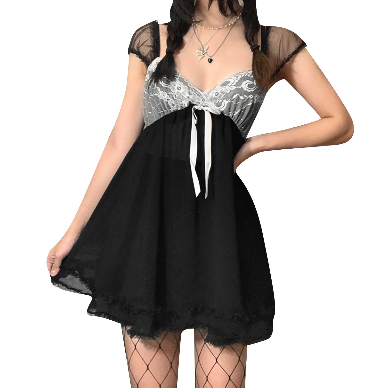

Womens Aesthetic Spaghetti Strap Fairy Lace Trim A-line Mini Dress Backless Patchwork Fairy Grunge Harajuku Dress
