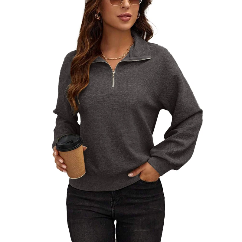 

Autumn and Winter New Fashion High Quality Women's Knitted Solid Color Long sleeved Zipper Casual Elegant Sweater