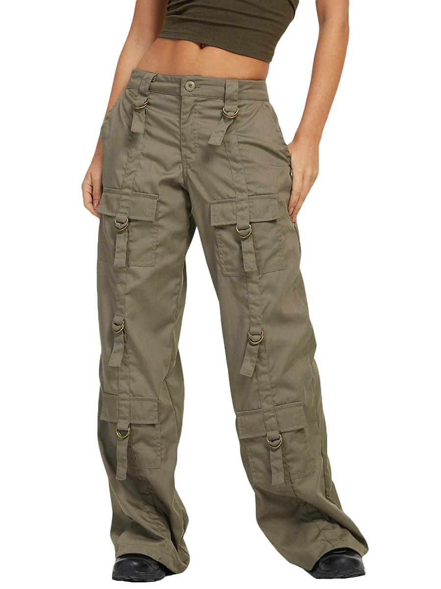 

Women's Casual Cargo Pants Solid Color Low Waist Zipper Closure Loose Straight-Leg Trousers with Multi Pockets Streetwear