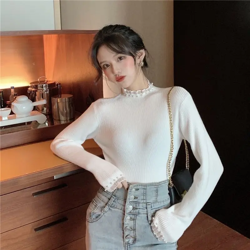 2023 Autumn Winter New Lace Spliced Pearl Half High Neck Long Sleeve Sweater Temperament Lace Office Lady Female Knit Underlay
