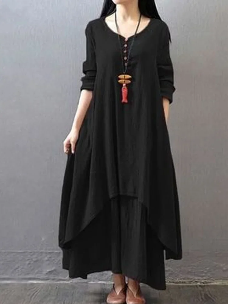 New Spring and Summer Women's Solid Color Loose Long-sleeved Dress Fake Two Pieces Swing Casual Cotton and Linen Long Skirt