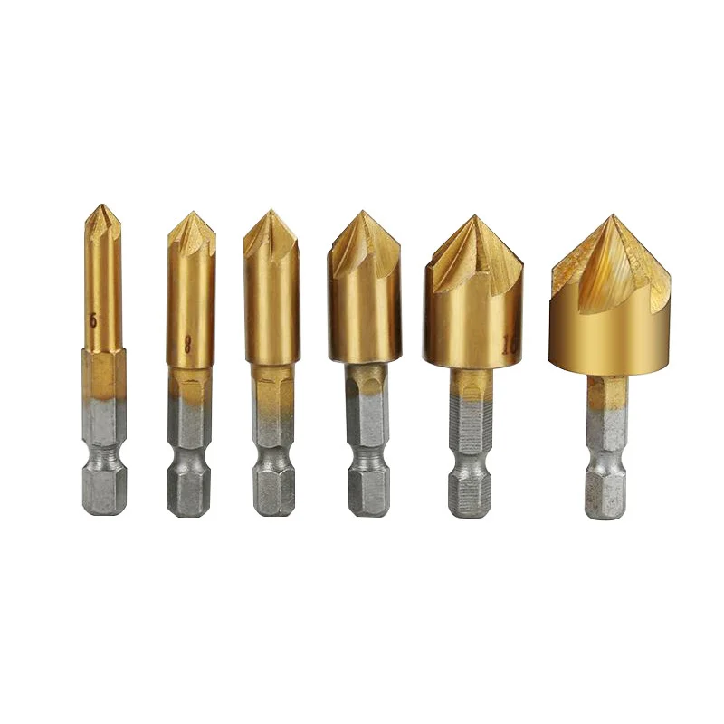 Hexagonal Handle Titanium Metal Drill Plated Five Blade Chamfering Tool 6-19mm Woodworking Fast Guide Chamfering Knife 6pc/7pc