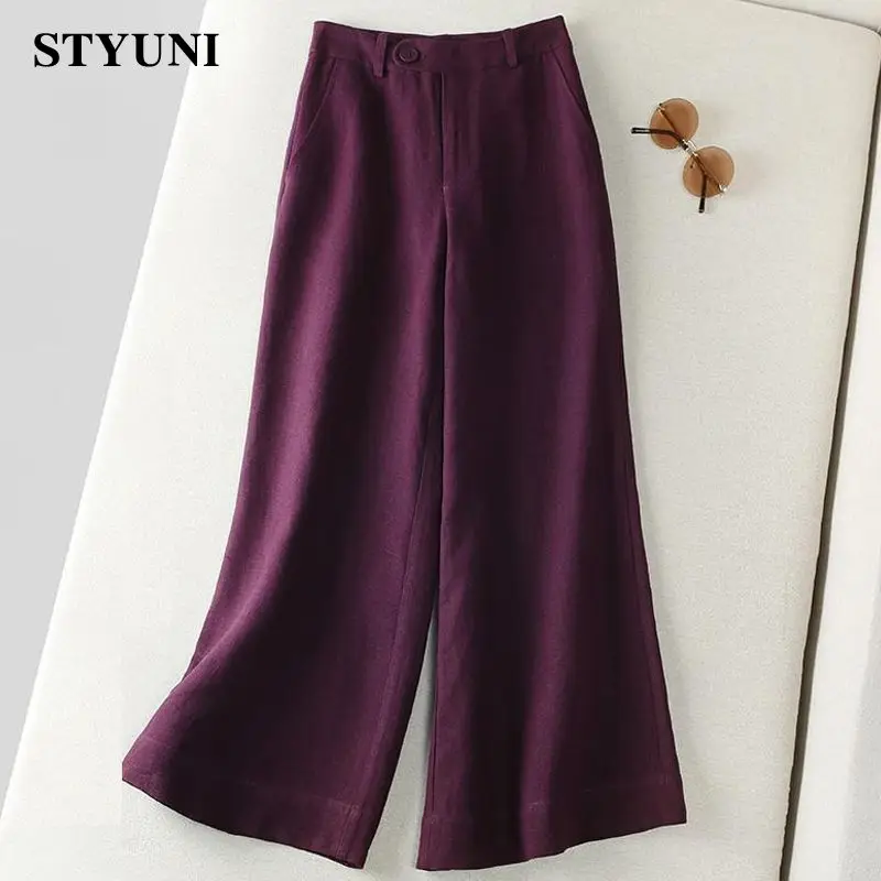Purple Solid 6 Colors Cotton Linen Wide Leg Women's Pants High Waist Button Pocket Korean Fashion Ankle-length Pants for Women