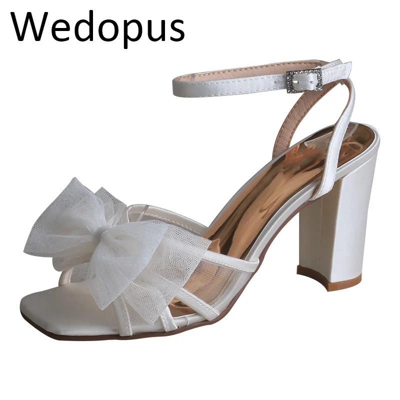 

Wedopus Custom Elegant Sandals for Women Wedding Block Heel with Bows 9CM