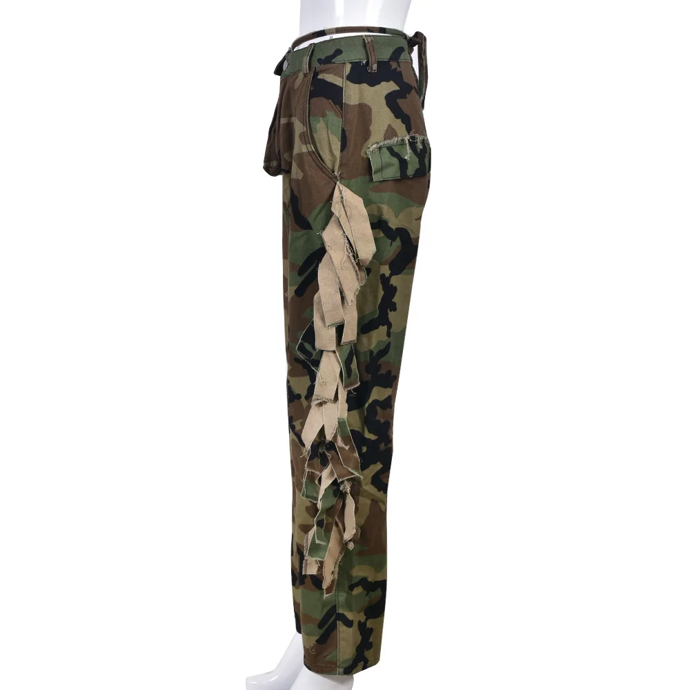 Tassel-Decorated High-Waisted Green Camo Cargo Pants 3